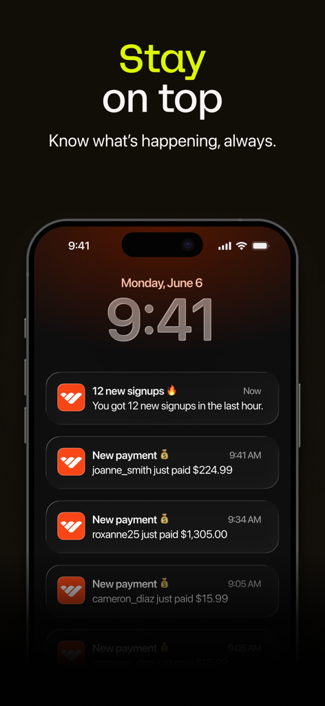 Whop - Pantalla de bloqueo del smartphone que muestra notificaciones de la aplicación Whop para nuevas ventas de productos digitales y registros.