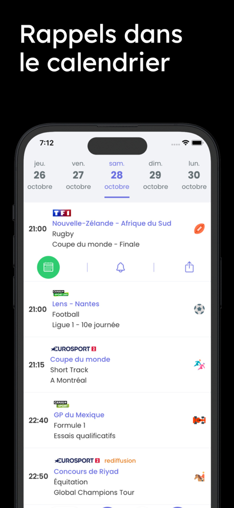 TV Sports - programme sportif - Écran d'application mobile montrant un calendrier TV sportif pour divers événements avec des options pour ajouter des rappels au calendrier