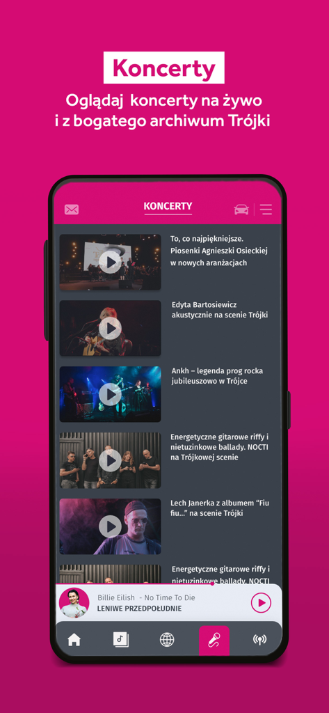 Trójka Polskie Radio - Screenshot of the Trojka Polskie Radio app showing the concerts section with live and archived performances.