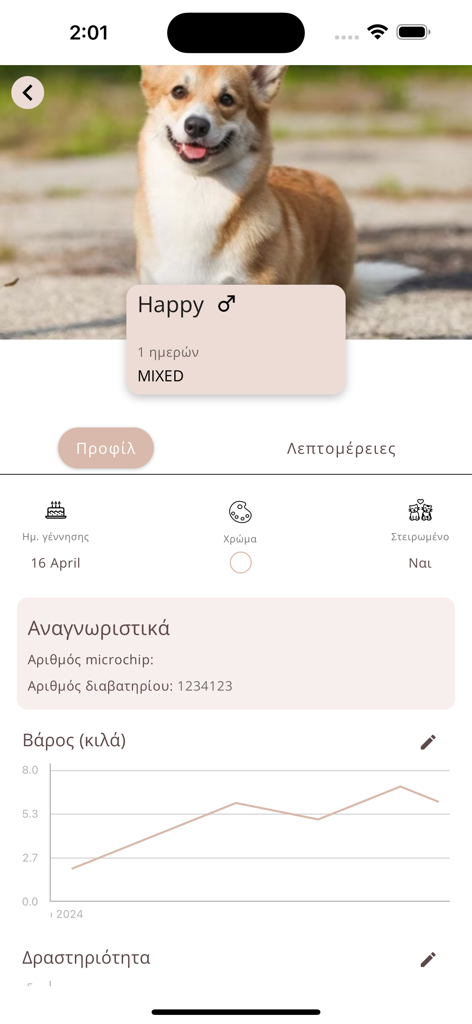 GizmO app - Profilo sanitario dell'animale domestico nell'app GizmO che mostra i dettagli del cane e un grafico per il monitoraggio del peso.