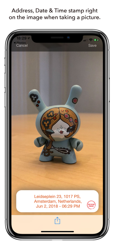 Picture Proof - Smartphone screenshot of a photo with an address and time stamp overlay in the Picture Proof app