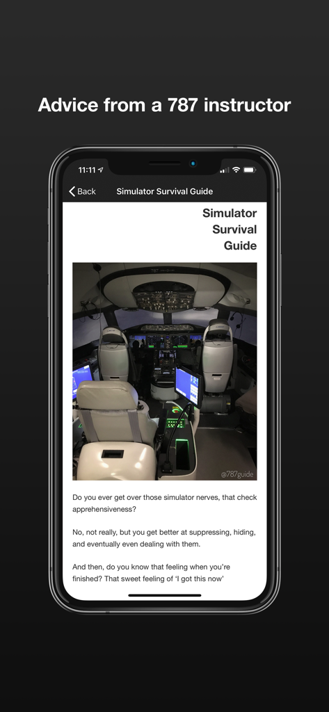 787 Guide - Boeing 787 Guide app showing simulator survival advice and cockpit photo