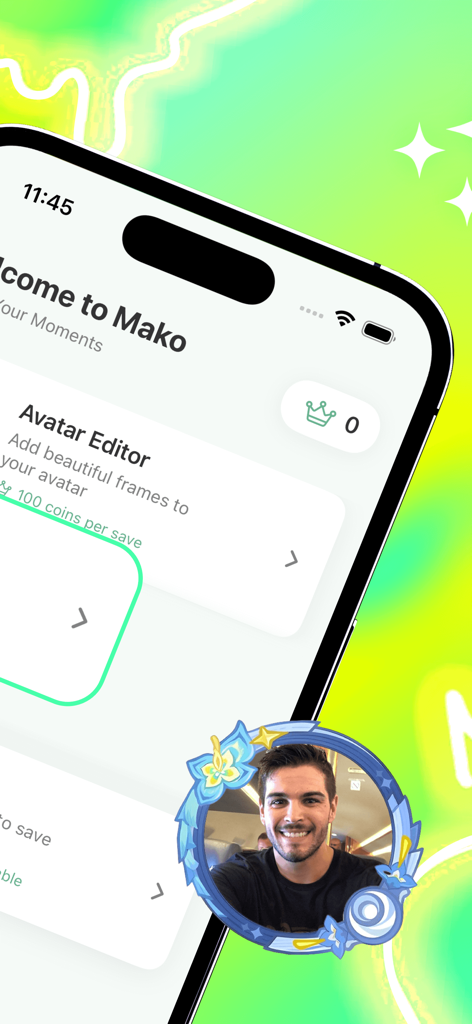 Mako Creator Verse app interface showing a circular profile picture with an artistic blue frame