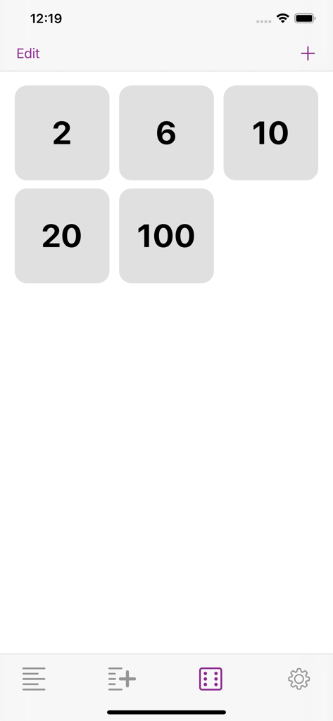Games Block - Interface de l'application Block de Jeux montrant des préréglages de dés personnalisables avec des valeurs comme 2, 6, 10, 20 et 100.
