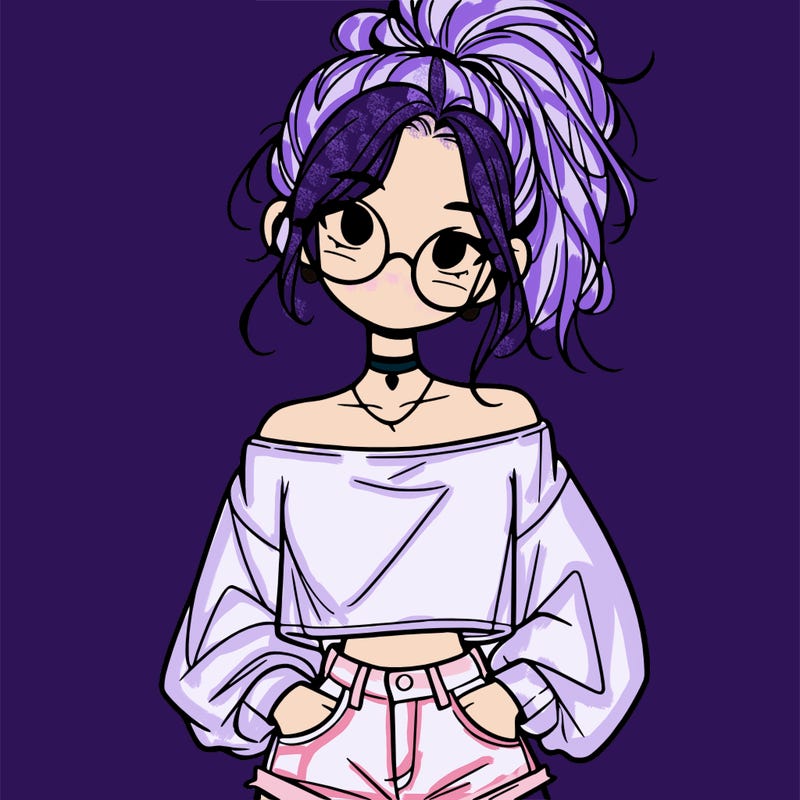 girl with a messy ponytail glasses a baggy crop top and jean shorts