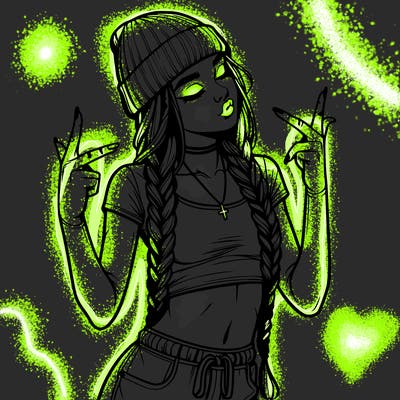 realistic teenage girl with braids and a beanie and crop top doing 🫶🏼