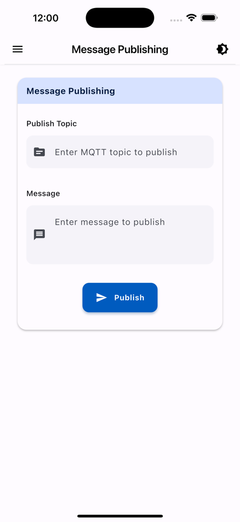 A mobile interface for the MQTT Checker app showing the message publishing screen with fields for topic and message text.