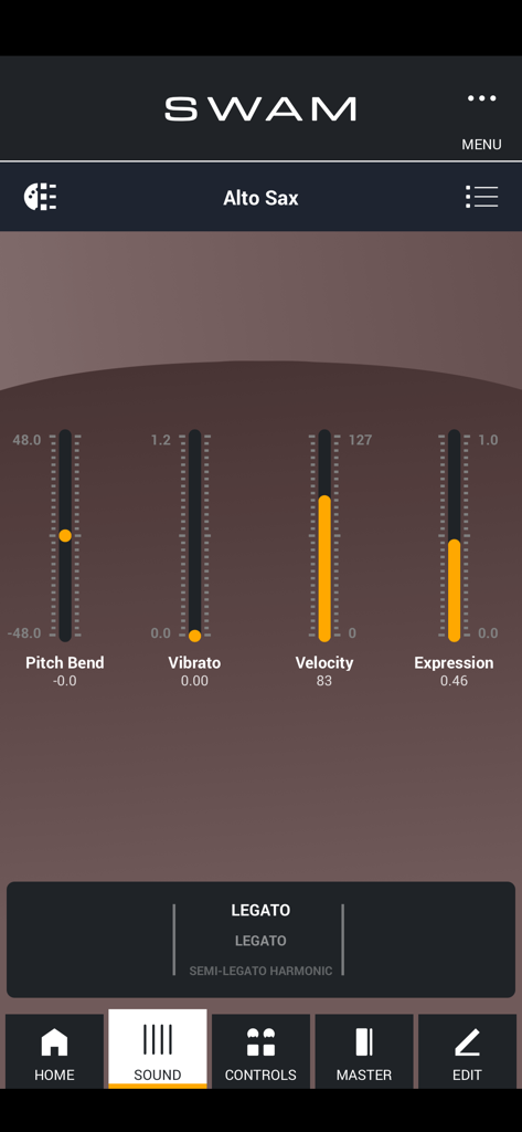 SWAM Alto Sax app interface showing sliders for pitch bend vibrato velocity and expression