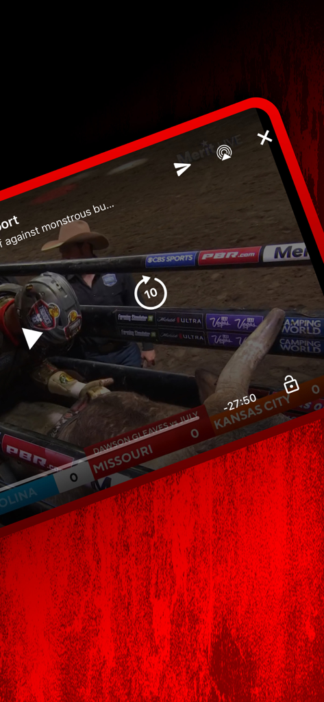PBR - Interfaz del reproductor de video en vivo de la aplicación de PBR que muestra una competición de bull riding con puntuaciones para Missouri y Kansas City.