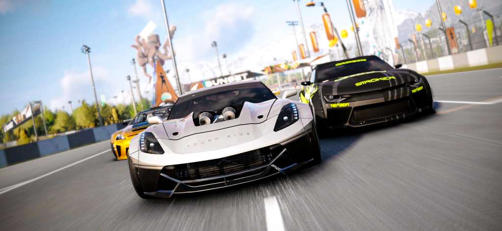 Three customized sports cars racing on a sunlit track in CarX Street