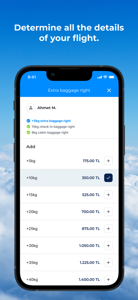 AJet - Cheap Flight Ticket - Écran de l'application mobile AJet montrant les options pour ajouter et gérer des bagages de vol supplémentaires