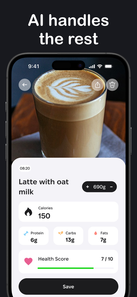 Screenshot of Cal AI app showing the calorie and macro breakdown of a latte with oat milk