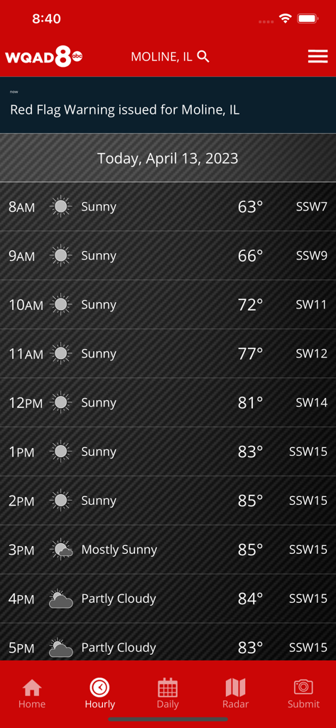 Hourly weather forecast screen in the WQAD Storm Track 8 app for Moline Illinois showing temperatures and sky conditions