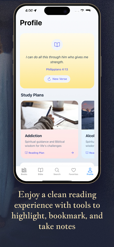 Book of Mormon・The Scriptures - Tela de perfil do aplicativo do Livro de Mórmon exibindo um versículo diário e vários planos de estudo.