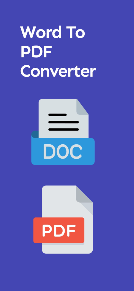 Word to PDF Converter: Doc2PDF - Word to PDF Converter app screen showing DOC and PDF file icons on a blue background