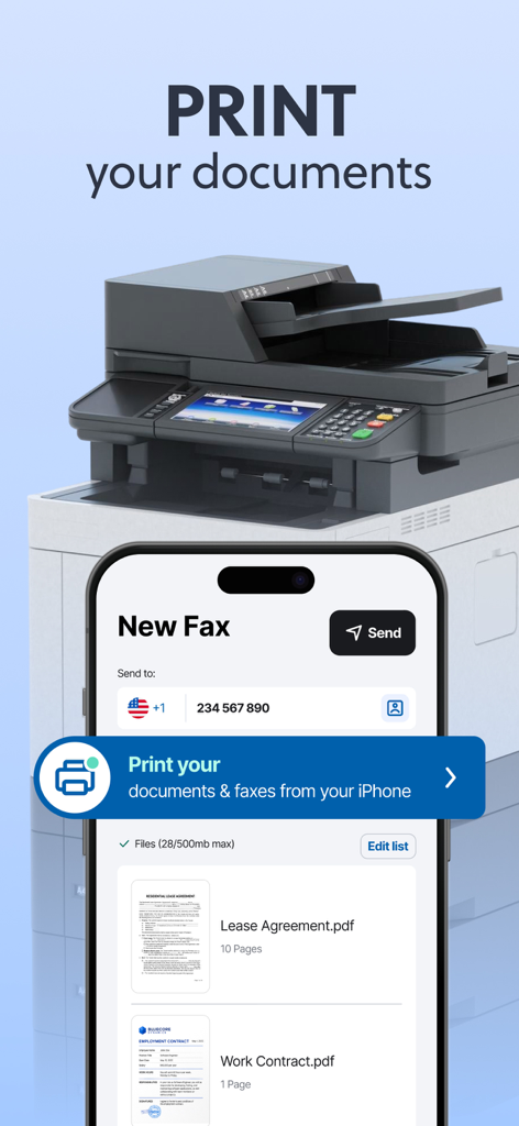 Interface of the Fax from iPhone app showing how to print documents and faxes directly from the device.
