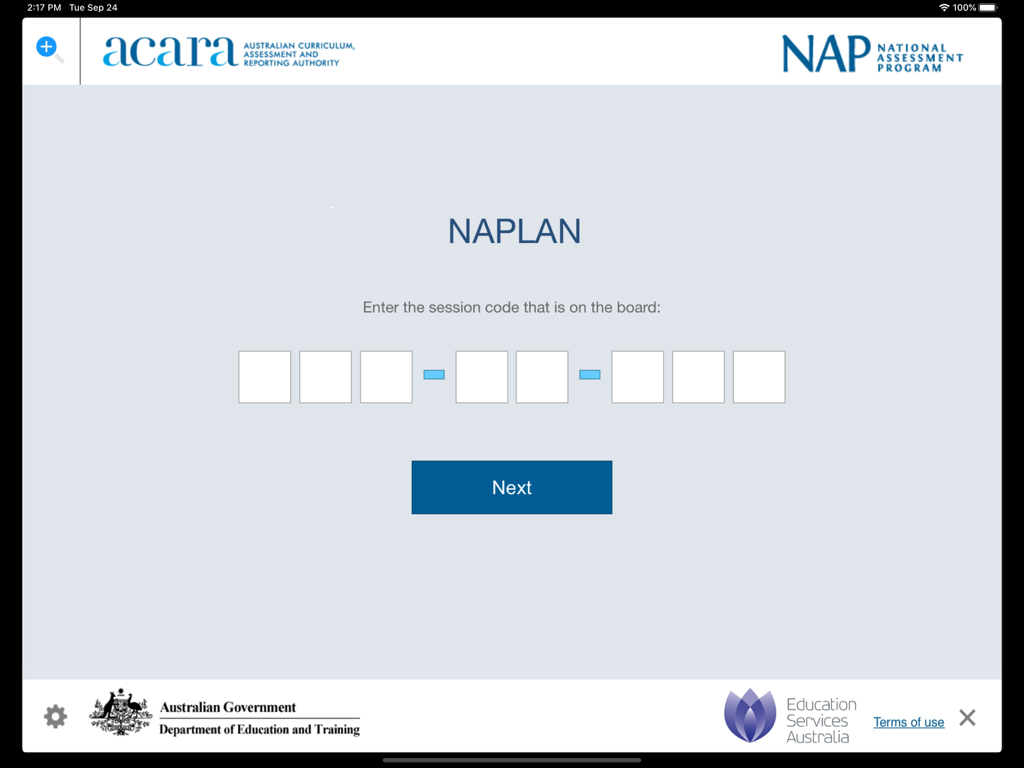 NAPLAN test session code entry screen on the Locked Down Browser app
