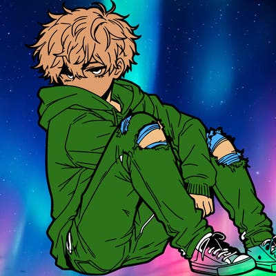 a male hoddie ripped jeans messy hair anime