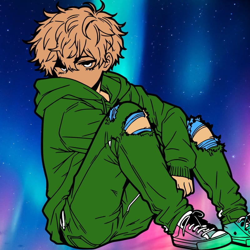 a male hoddie ripped jeans messy hair anime