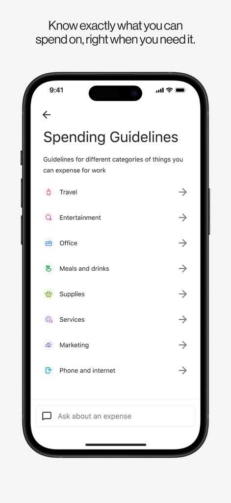 Pleo - Pleo mobile app interface showing business spending guidelines for categories like travel, entertainment, and office supplies