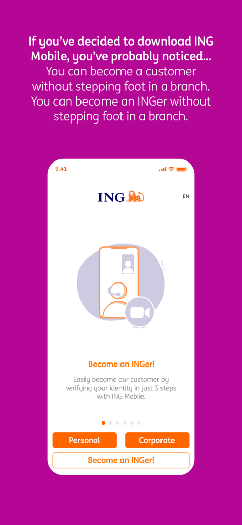 ING Mobil - Onboarding-Bildschirm der ING Mobil App für die Fernregistrierung von Kunden