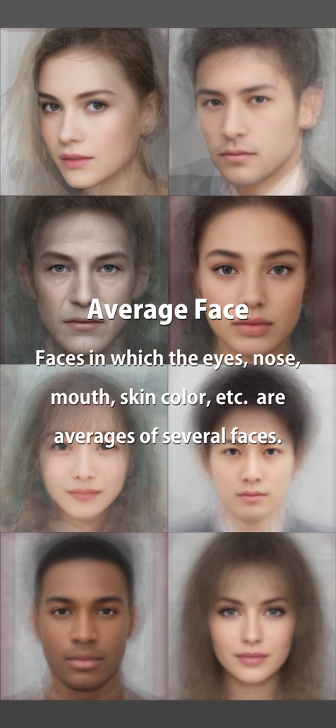 Average Face PRO - Una cuadrícula de varios rostros compuestos diversos creados promediando características faciales de múltiples personas.