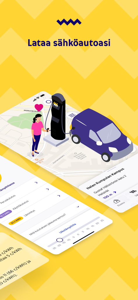 Oma Helen - Oma Helen app interface showing electric vehicle charging station map and energy consumption tracking