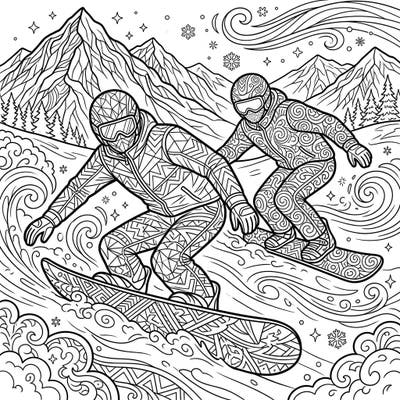 Experience the thrill of the slopes with this intricate adult coloring page featuring two snowboard racers. Dive into a world of detailed patterns and dynamic action, perfect for a relaxing and engaging coloring session.
