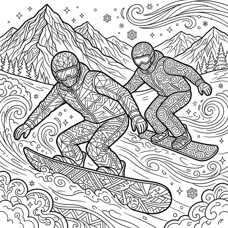 Experience the thrill of the slopes with this intricate adult coloring page featuring two snowboard racers. Dive into a world of detailed patterns and dynamic action, perfect for a relaxing and engaging coloring session.