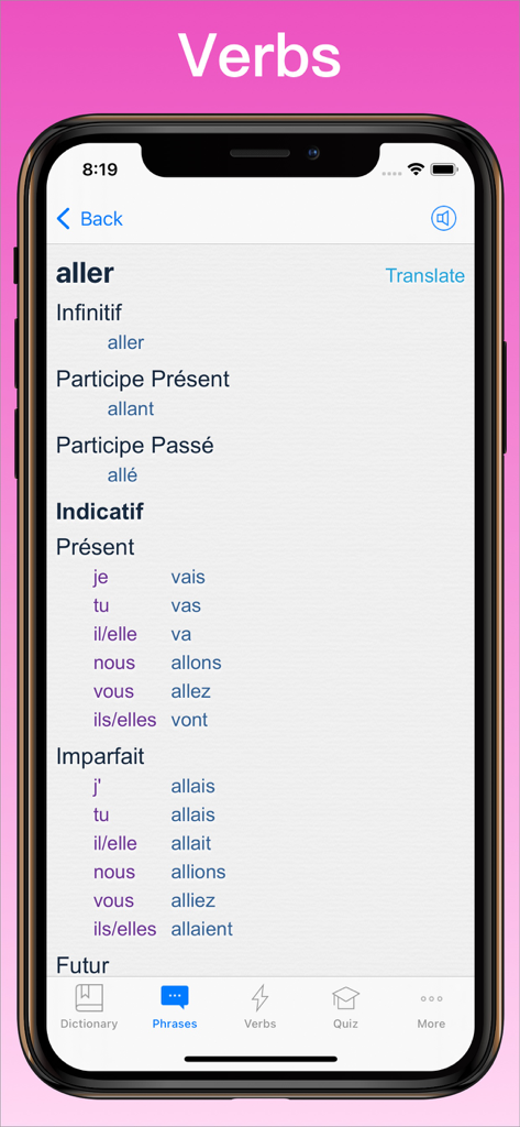 French verb conjugation for aller in the French Dictionary app