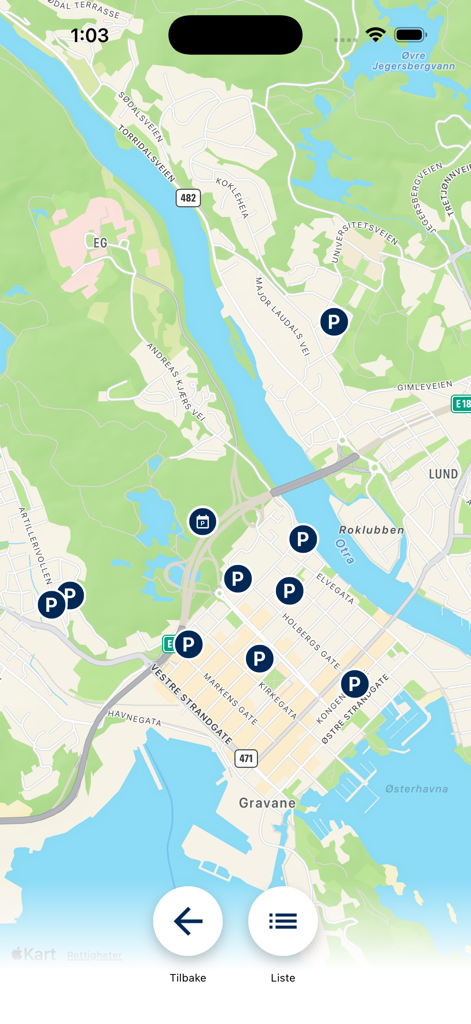 Map interface of the Parkering Kristiansand app showing various parking locations across the city
