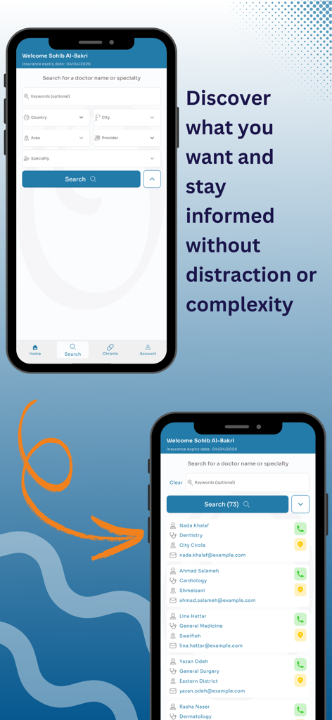 Omni Care mobile app interface showing a doctor search feature and list of healthcare providers