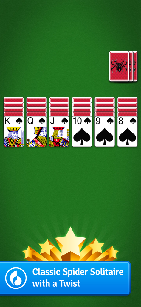 A gameplay screenshot of Spider Go Solitaire showing card stacks and a spider logo on a green background.