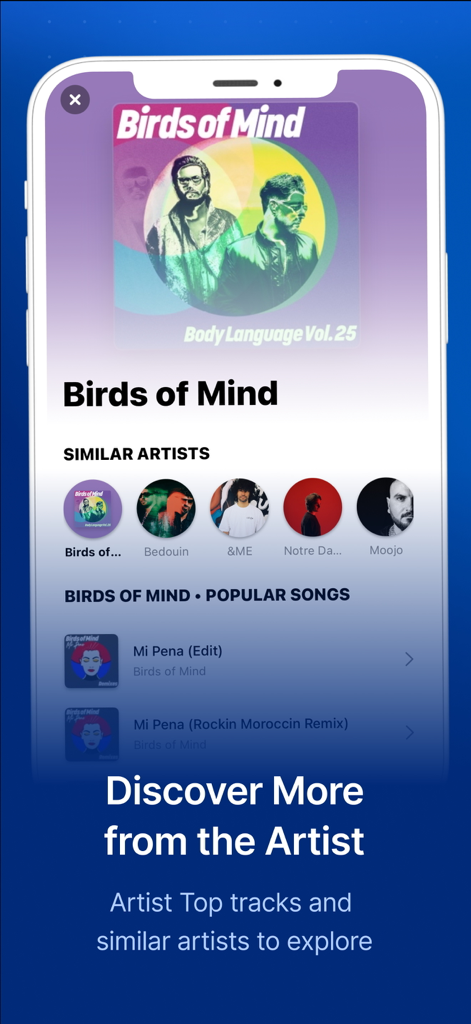 Song Finder Music Recognition - Song Finder app screen displaying artist information, similar artists, and top tracks for music discovery.