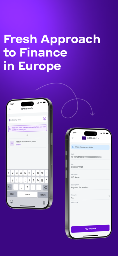 NovaPay: Payment Systems - NovaPay mobile app screens showing IBAN transfer process and payment details for European accounts