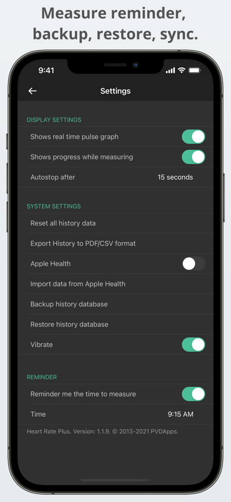 Settings screen of the Heart Rate Plus app displaying options for data backup, PDF export, and Apple Health integration.