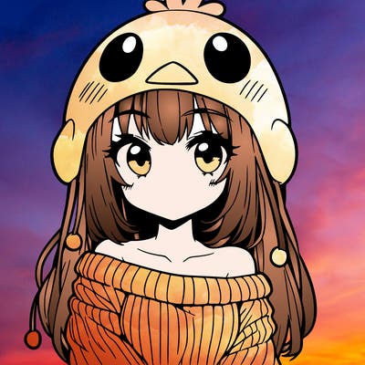 anime girl with chick shaped hat with sweater with bare shoulders with bangs covering them one eye with low tail
