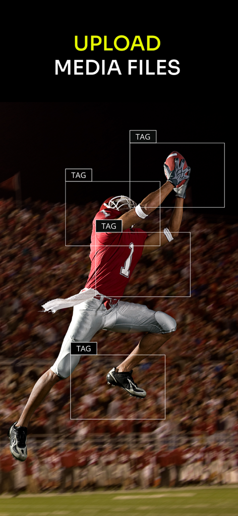 WSC Sports - WSC Sports app screen showing AI tagging on an American football player