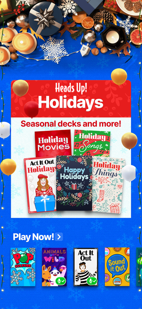 Heads Up! - Pantalla de la aplicación móvil ¡Atención! que muestra mazos festivos de temporada como Películas Navideñas y Canciones Navideñas