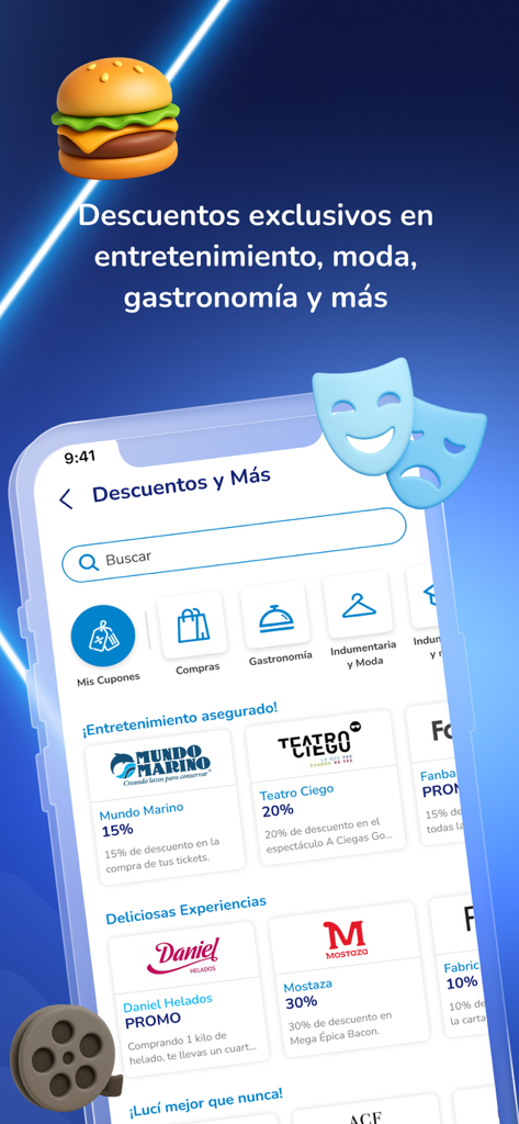 Carrefour Banco - Carrefour Banco App-Oberfläche, die exklusive Rabatte und Gutscheine in verschiedenen Kategorien wie Unterhaltung und Gastronomie anzeigt.