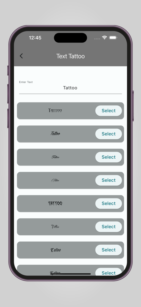 Tattoo Designs - Tattoo Maker - Uma tela móvel mostrando diferentes estilos de fonte para designs de tatuagem de texto personalizados no aplicativo Criador de Tatuagens