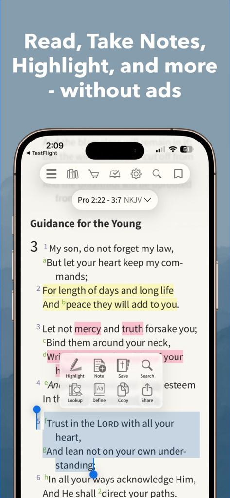 NKJV Bible app showing scripture highlights and study tools on a mobile screen
