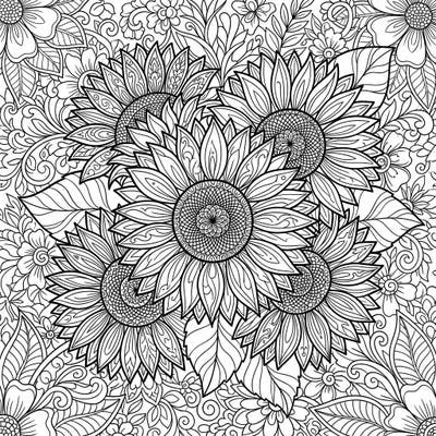 Immerse yourself in the intricate beauty of red sunflowers designed for adult coloring enthusiasts. This highly detailed floral pattern offers a delightful challenge and a rewarding artistic experience.