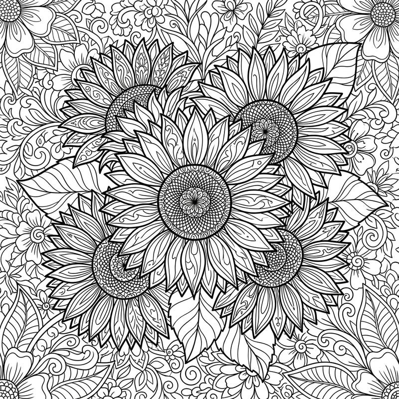 Immerse yourself in the intricate beauty of red sunflowers designed for adult coloring enthusiasts. This highly detailed floral pattern offers a delightful challenge and a rewarding artistic experience.