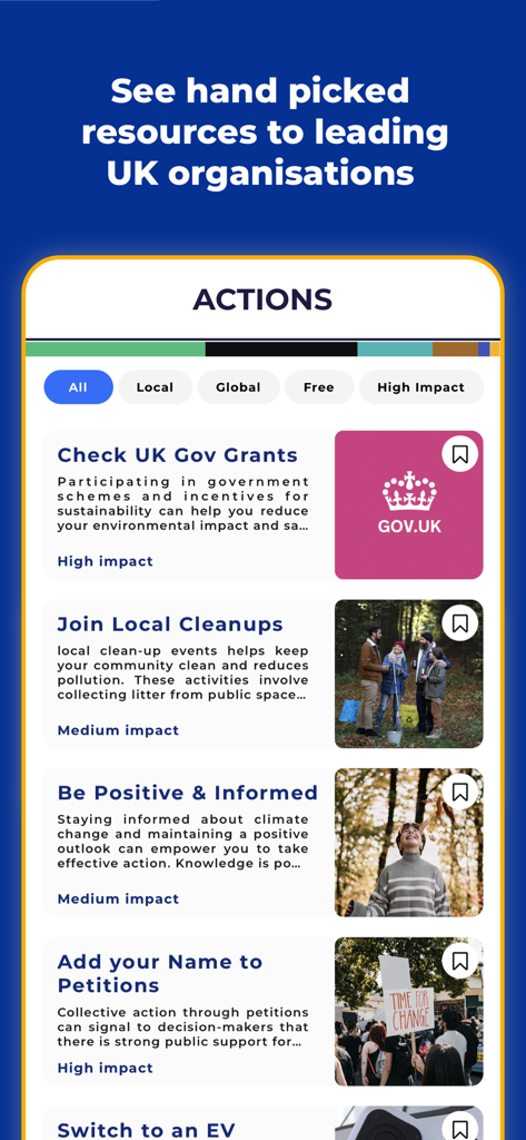 UK Zero: Climate & Energy App - A mobile app screen titled Actions showing various climate initiatives like UK government grants and local cleanups