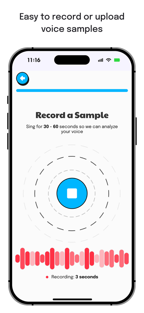 Singing Coach AI - Pantalla de la aplicación Singing Coach AI para grabar una muestra de voz para analizar la voz al cantar