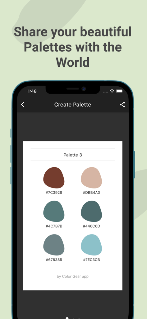 Color Wheel Palette: ColorGear - ColorGearアプリで6つのスウォッチとHEXコードが表示された共有カラーパレットを示すスマートフォンの画面