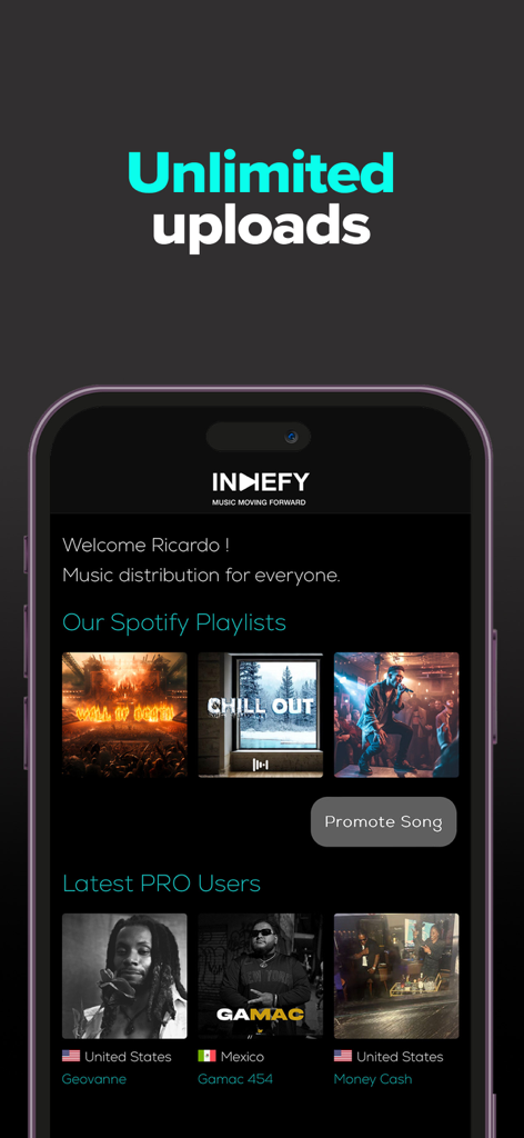 Interfaccia dell'app Indiefy che mostra caricamenti musicali illimitati e funzionalità di promozione per artisti.