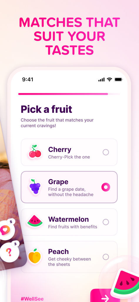 Mobile app screen showing fruit icons for selecting dating intentions in the Fruitz app