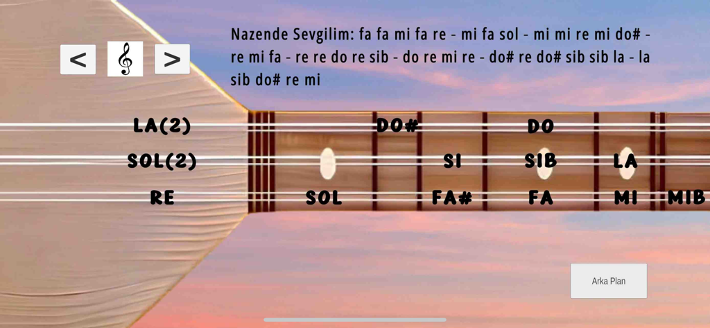 A virtual Baglama Saz fretboard with musical note labels and song lyrics